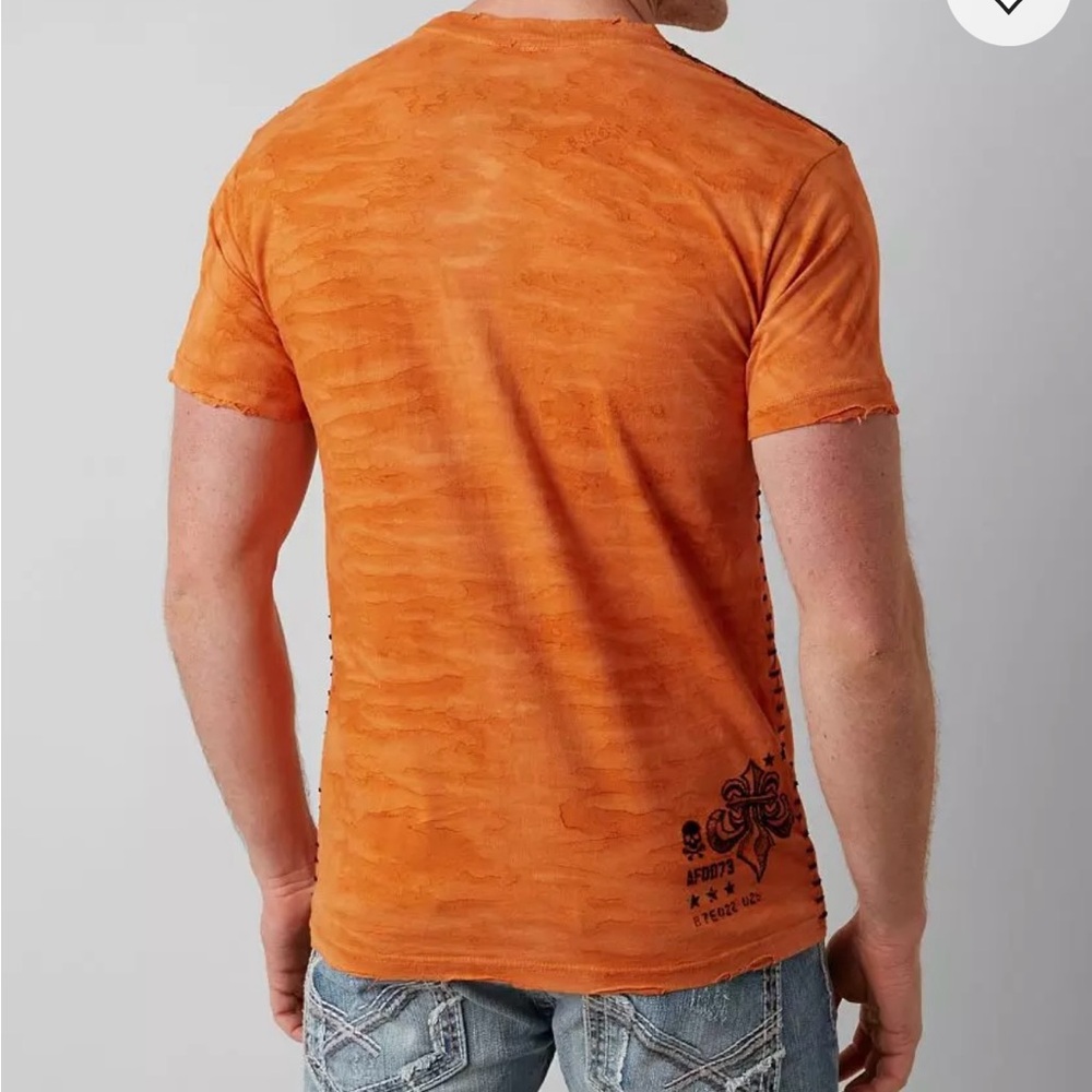 Affliction Value T-Shirt Bright Orange Camo Wash Flocked Graphic, Sz L - Picture 2 of 15
